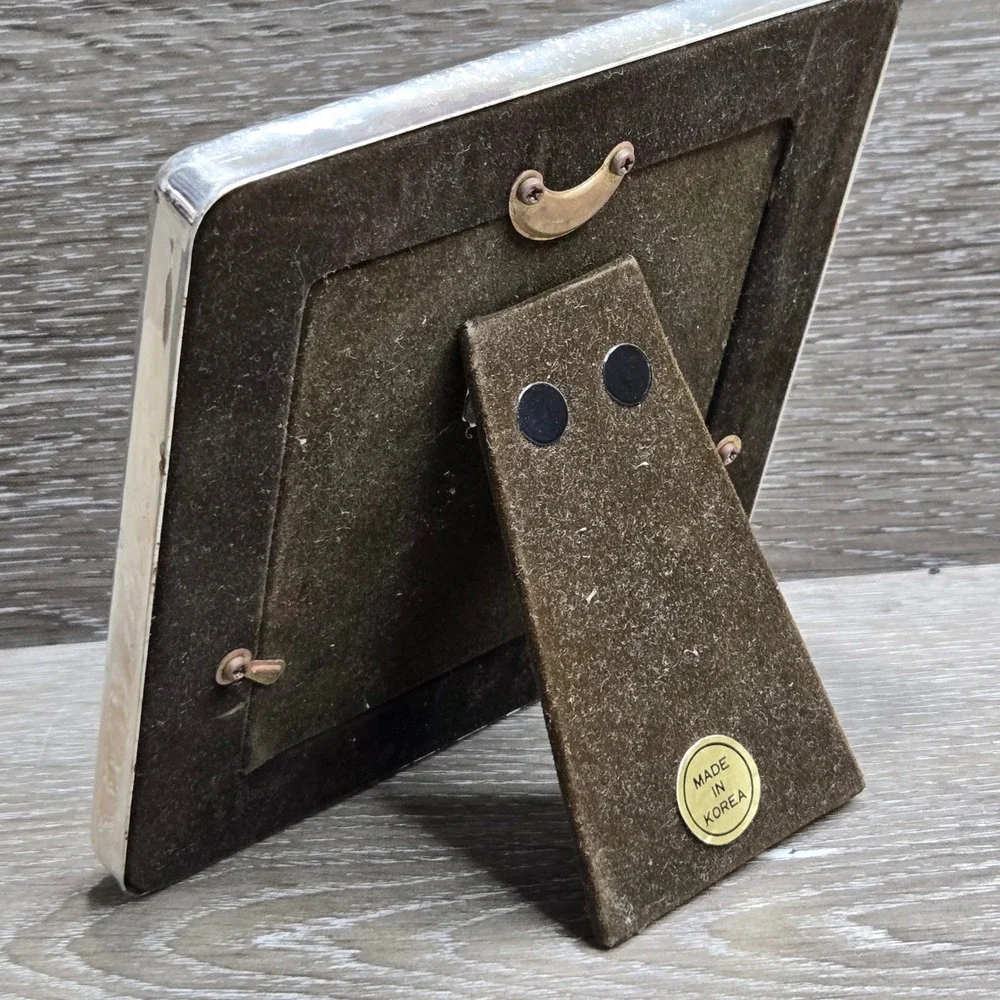 Vintage Silver Tone Metal Square Picture Frame 3x3 Tabletop Stand Art Deco Korea